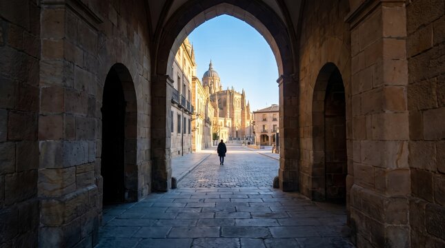 A solitary person walks toward a sunlit historic square through a dark stone archway. Concept of cultural tourism, heritage and architectural framing. Generative AI.