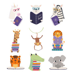 Fototapeta premium Cute animals reading books illustration isolated. Friendly playful cartoon characters. Whimsical kid, nursery print design, clip art element. Hand drawn vector. Back to school, education, library