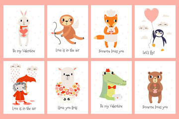 Fototapeta premium Cute animals Valentines day cards with hearts, flowers, set. illustration Friendly playful cartoon characters. Whimsical kid, nursery print design Hand drawn vector illustration. Love and friendship