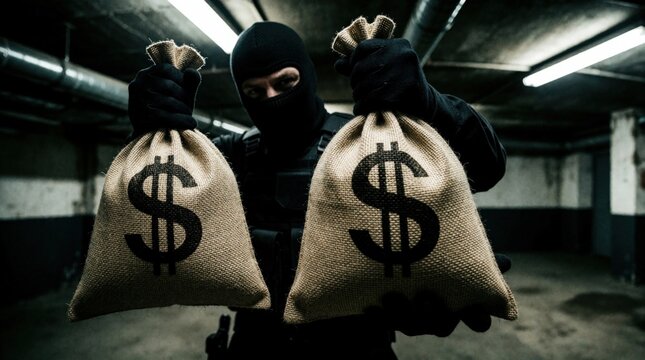 Criminal in black balaclava, gloves holds two large money bags with dollar sign. Masked thief stands in dark basement after successful heist. Robber displays stolen cash loot in underground garage
