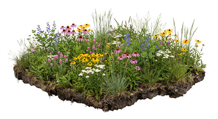 Lush meadow patch with colorful wildflowers and green grasses isolated on white background © Ophelia