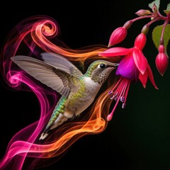 Naklejka premium Colorful hummingbird flies near bright pink fuchsia flower. Artistic glowing swirls of orange, pink light surround small bird. Tropical wildlife nectar feeding scene with magic motion effect, surreal