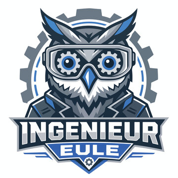 Futuristic Ingenieur Eule Engineering Owl Vector Mascot with Glowing Blue Mechanical Eyes, Industrial Gear, Robotic Feathers and Modern German Technology Shield Emblem Logo Design