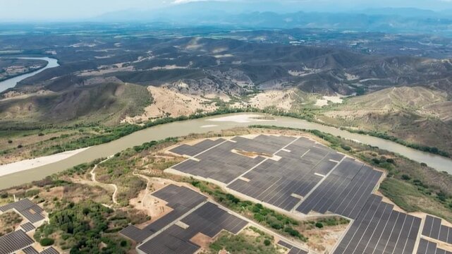 Large Scale Solar Photovoltaic Power Plant beside a River with Massive Solar Panel Arrays. Time Lapse. Establishing Shot. Aerial View.