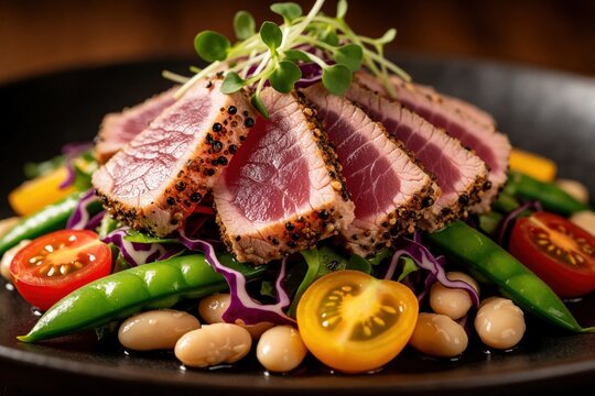 Seared ahi tuna salad served with fresh green beans, cherry tomatoes, white beans. Sliced raw tuna steak with sesame crust on arugula bed. Gourmet seafood dish with colorful vegetables for healthy