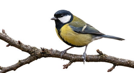 A vibrant great tit perched on a bare tree branch isolated against a clean white background © Ophelia