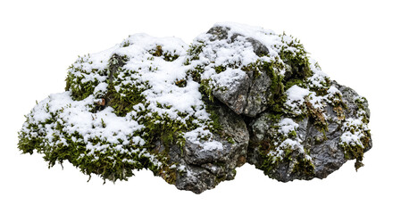 Natural rock formation covered in green moss and fresh winter snow isolated on white background © Ophelia