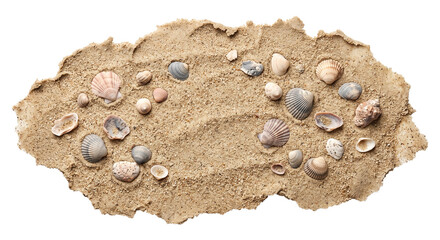 Assorted seashells scattered on a textured patch of fine beach sand against white background © Ophelia