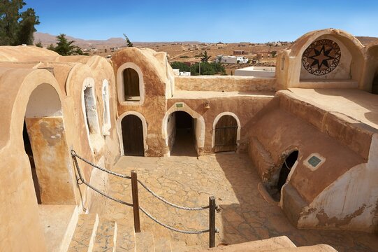 Northern Sahara mud brick Berber ghorfas, Berber grain warehouses, Ksar Hedada or Hadada, near Tataouine, Tunisia