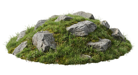 Natural mossy rock formation with lush green grass isolated on a clean white background © Ophelia