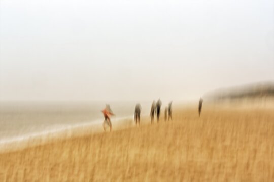 Walkers on the beach, autumn day on the Red Cliff, blur effect, Wenningstedt, Sylt, Frisian Islands, Schleswig-Holstein, Germany