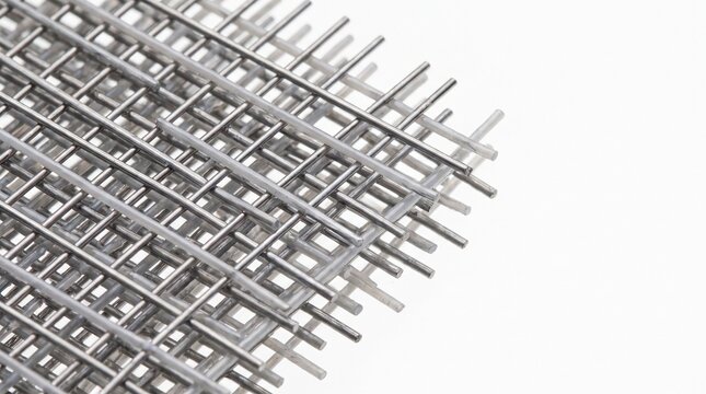 Industrial wire mesh sheets stack neatly showcasing strong metallic texture and interlocking parallel patterns under bright studio illumination