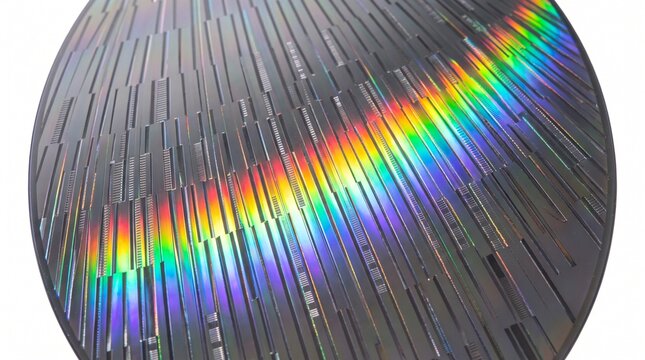Silicon wafer featuring intricate microchip circuit patterns displaying vibrant rainbow diffraction colors under studio lighting conditions