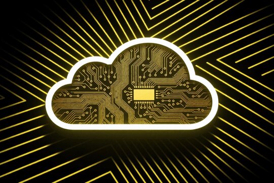 Digital cloud icon with gold circuitry, microchip inside. Glowing electronic circuit board pattern in cloud shape on black background with yellow parallel lines. High tech concept for data storage,