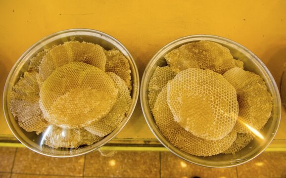 Local honey for sale in the Souk of Abha, Saudi Arabia