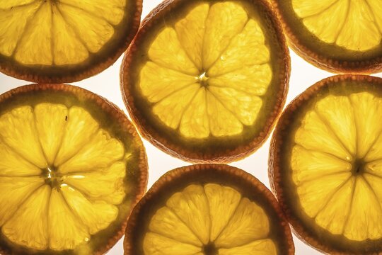 Orange in slices, fruit, white background, food photography