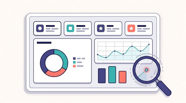 Flat Vector Illustration of Business Analytics Dashboard with Charts and Magnifying Glass for Data Audit