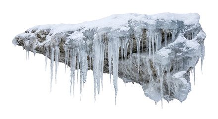 Large jagged rock formation covered in thick white snow and hanging sharp icicles isolated © Ophelia
