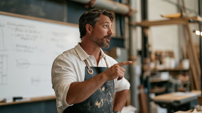Fletcher in an industrial workshop brainstorming arrow shaft refinements on a wall whiteboard, a leather apron covered in the chalk and wood marks of the trade hanging behind, a