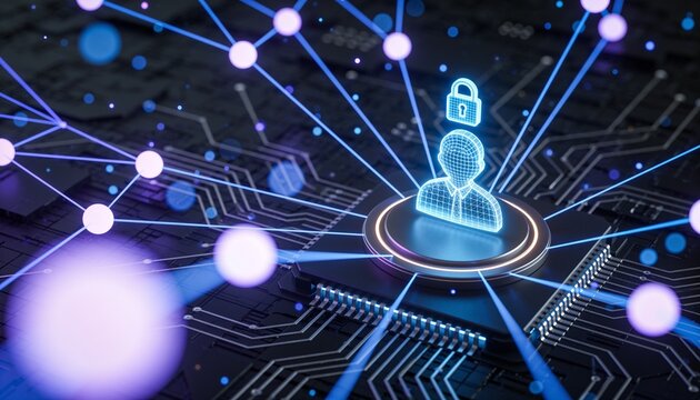 Holographic user profile with padlock above glowing platform on dark circuit board, radial network of luminous nodes and light lines, blue violet glow, identity access management 3D render