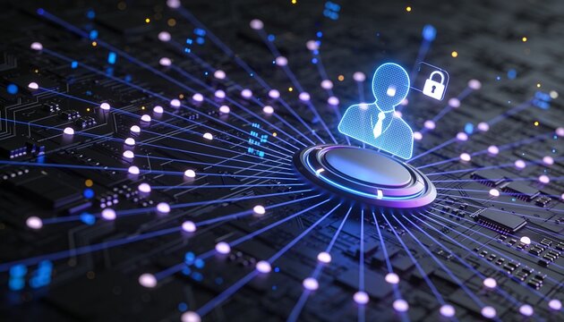 Holographic user profile with padlock above glowing platform on dark circuit board, radial network of luminous nodes and light lines, blue violet glow, identity access management 3D render