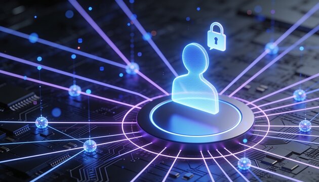 Holographic user profile with padlock above glowing platform on dark circuit board, radial network of luminous nodes and light lines, blue violet glow, identity access management 3D render