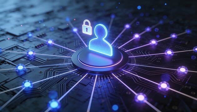 Holographic user profile with padlock above glowing platform on dark circuit board, radial network of luminous nodes and light lines, blue violet glow, identity access management 3D render