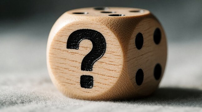 Single wooden dice with black question mark symbol on gray soft surface. Close up shot shows wood texture, dots. Concept of uncertainty, choice, luck, gaming, making difficult decisions in minimal