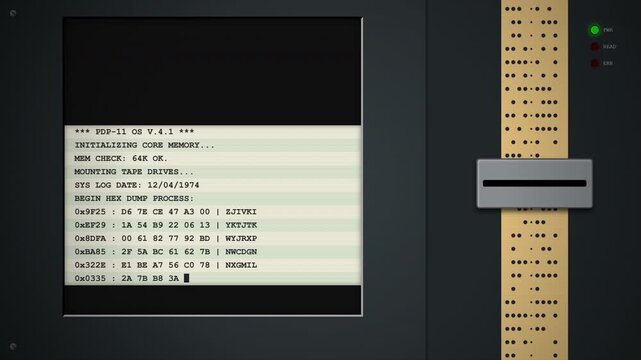 Procedural 4K motion graphics of a 1970s mainframe teleprinter and punch card reader, featuring mechanical typing rhythms, paper feeding, and scrolling perforated data tapes.