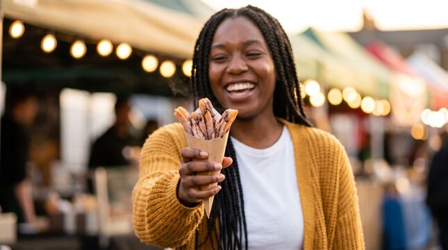 Welcoming woman presenting churro cone at festive evening street food market with string lights