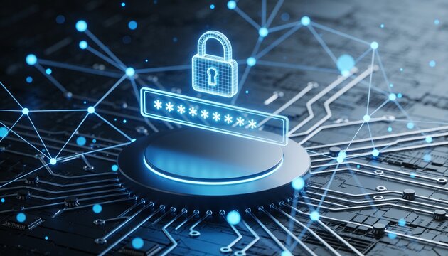 Holographic password field with asterisks and padlock floating above platform on dark circuit board, radial network of nodes and light lines, cyber blue glow, login security 3D render
