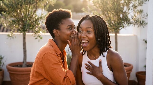 Excited friends whispering a surprising secret on rooftop terrace with olive trees