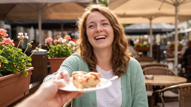 Welcoming woman receiving slice of cake at outdoor cafe terrace with flower boxes