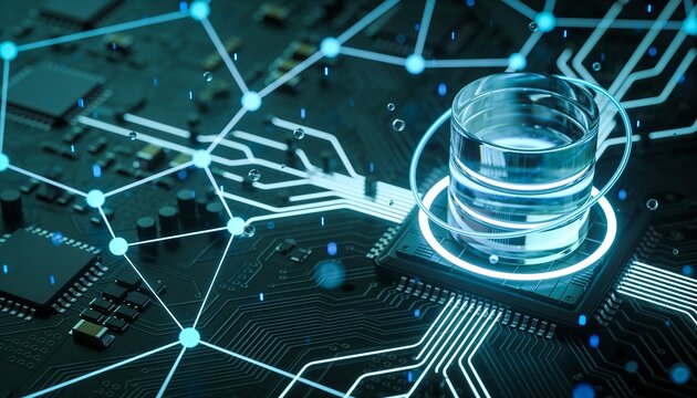 Stacked glass database cylinder wrapped in glowing protective ring at center of dark circuit board, radial network of luminous nodes and light lines, cyan blue glow, data security 3D render