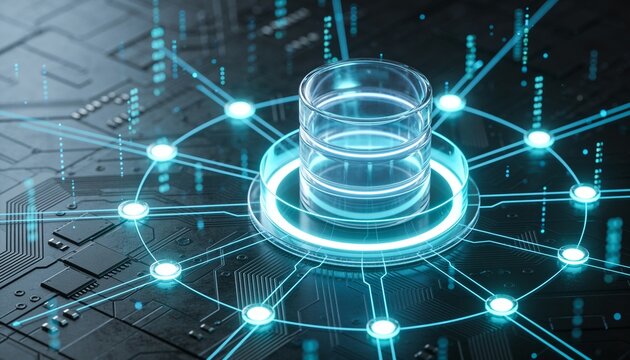 Stacked glass database cylinder wrapped in glowing protective ring at center of dark circuit board, radial network of luminous nodes and light lines, cyan blue glow, data security 3D render