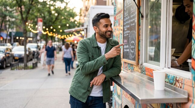 Relaxed man ordering at colorful food truck on tree lined city street at dusk