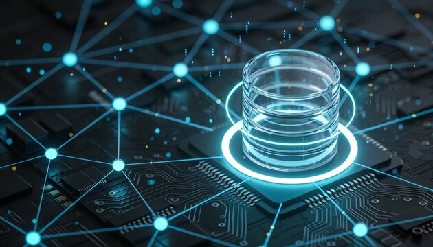 Stacked glass database cylinder wrapped in glowing protective ring at center of dark circuit board, radial network of luminous nodes and light lines, cyan blue glow, data security 3D render