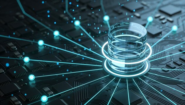 Stacked glass database cylinder wrapped in glowing protective ring at center of dark circuit board, radial network of luminous nodes and light lines, cyan blue glow, data security 3D render