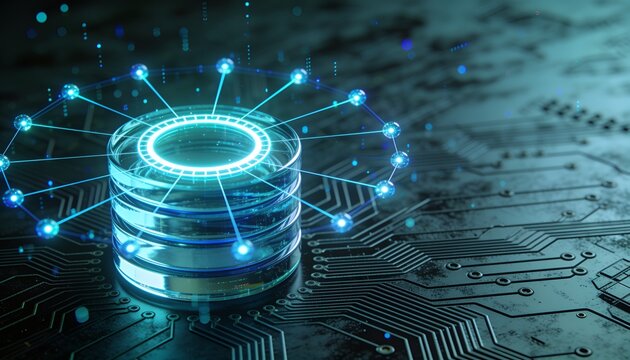 Stacked glass database cylinder wrapped in glowing protective ring at center of dark circuit board, radial network of luminous nodes and light lines, cyan blue glow, data security 3D render