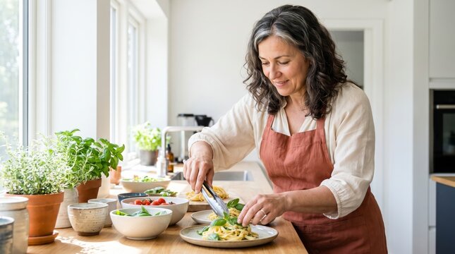 Focused mature woman preparing fresh pasta dish in bright modern kitchen with herbs
