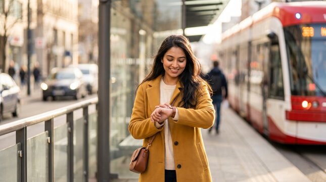 Punctual woman checking wristwatch while waiting at modern tram stop in mustard coat