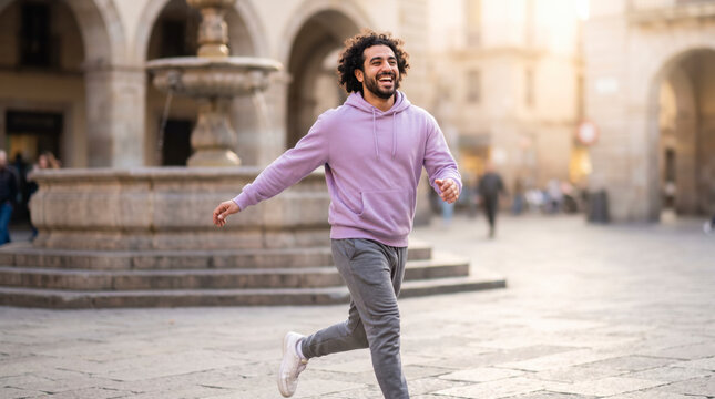 Energetic man running playfully across old town plaza in lavender hoodie