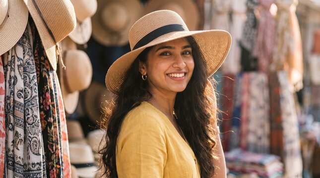 Welcoming woman wearing wide brim straw hat at bazaar stall with scarves and hats