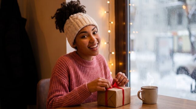 Excited woman wrapping gift box with red ribbon at cozy cafe window in winter