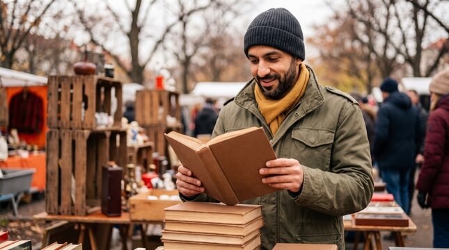 Engaged man browsing vintage books at autumn flea market wearing beanie