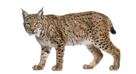 Full body side view of a majestic Eurasian lynx standing against a clean white background © Ophelia