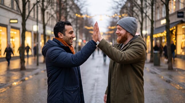 Two men celebrating friendship with high five on festive evening street with lights