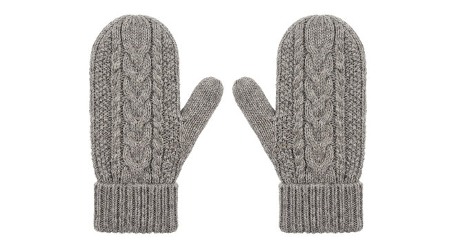 Pair of cozy grey cable knit mittens isolated on a clean white background for winter fashion