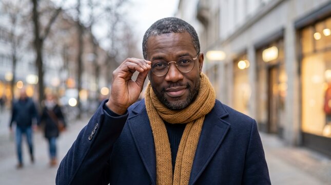 Confident mature man adjusting round glasses in wool coat and mustard scarf on city street