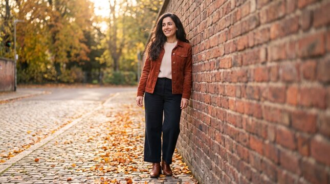 Relaxed woman leaning on red brick wall along autumn cobblestone street